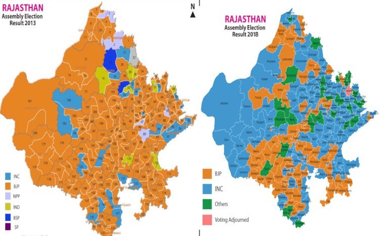 rajasthan map in 2013 and 2018 chunav