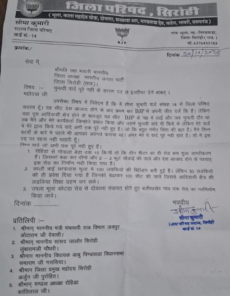 सिरोही जिला परिषद वार्ड 14 की सदस्य सीमा कुमारी ने दिया इस्तीफा, अपूर्ण विकास कार्यों पर जताई नाराज़गी